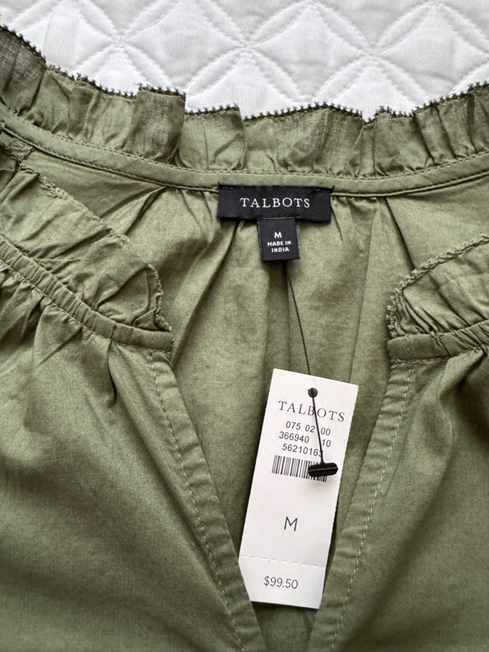 NWT Talbots Olive Green Embroidered Eyelet Sleeve Ruffle Neck Blouse Size Medium - Picture 9 of 15